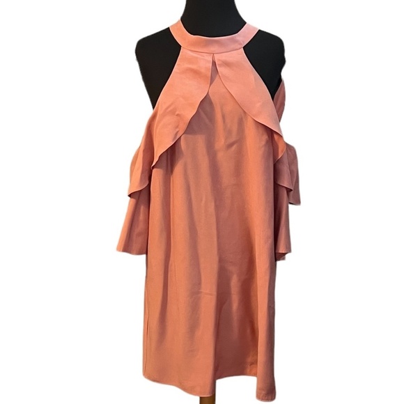 BCBGeneration Peach Mock Neck Cold shoulder Ruffle Halter Dress Size Large - Picture 3 of 10